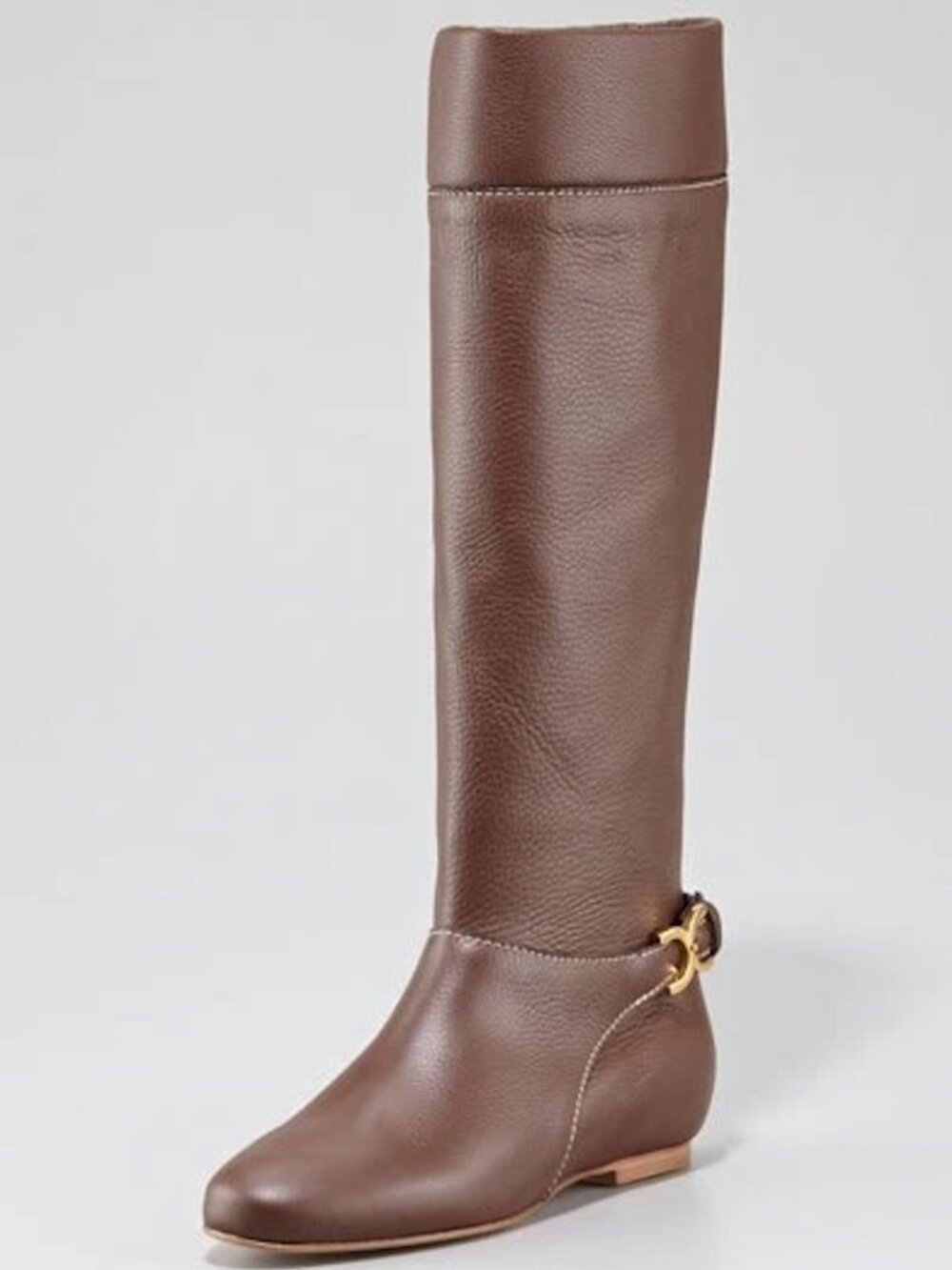 Chloe Marcie Pebbled Leather Buckle Ankle Strap Knee High Flat Boots